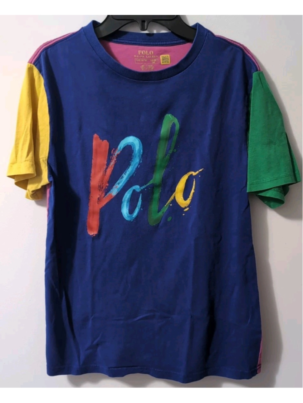 Ralph Lauren Boys Color Block Paint Polo Logo Short Sleeve T-Shirt Blue L 14-16